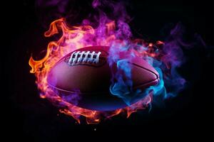 AI generated Luminous haze surrounds the American football, casting a vibrant neon glow photo