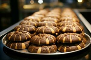 AI generated For sale a delicious showcase of chocolate cookies at a store photo