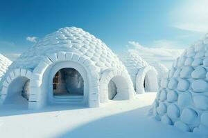 AI generated Arctic serenity an igloo backdrop presents a tranquil scene of snowy landscapes photo