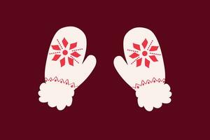 Vector pair of woolen winter mittens with red patterned gloves for cold weather, hand drawn vector