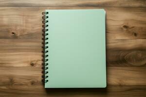 AI generated Writing haven Notebook positioned on the wooden floor, top view photo