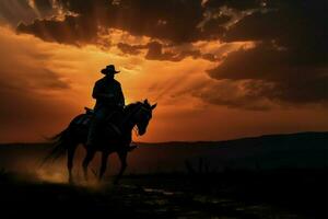 ai generado vaquero en lado de caballo un vaquero paseos dentro el dorado matices de el puesta de sol foto