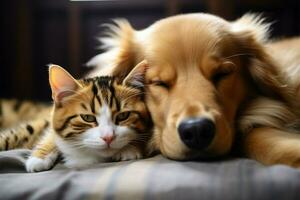 ai generado serenidad reina como gato y perro pacíficamente compartir un feliz dormido arreglo foto