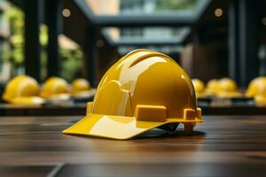 ai generado construcción la seguridad amarillo casco posicionado en un mesa para trabajadores foto