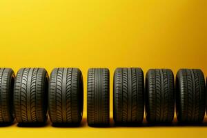 AI generated Tire row elegance Yellow background adorned with a neat row of tires photo