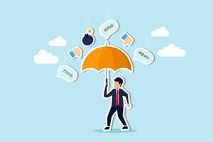 Handle business criticism, scold or negative feedback, manage boss blame, pressure, failure or mistake ashamed concept, confidence businessman hold strong umbrella protect from negative feedback. vector