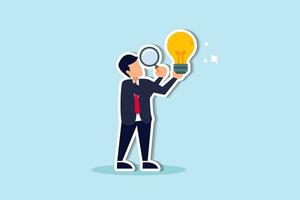 Perfectionist, too much attention to details, high standard goal, focus on perfect result concept, perfectionist businessman with magnifying glass looking at every details of lightbulb idea. vector