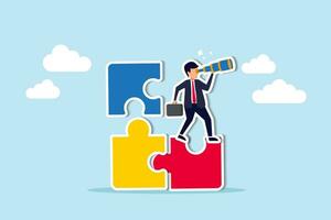 Finding solution or search for last missing piece to finish or complete work, leadership mission or business difficulty concept, businessman standing on uncompleted jigsaw looking for missing piece. vector