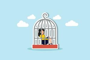 Stuck or trapped, fixed mindset or metal illness problem, anxiety or depression, solitude and loneliness, fear to get outside concept, depressed woman lock herself sit inside birdcage. vector