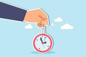 Control time, freedom or efficient time management to finish project within deadline, productivity or efficiency, productive project manager concept, businessman hand control time with clock puppet. vector