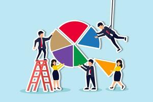 Employee participation, partnership or collaboration to success, teamwork or team effort for business development, statistic or analytics concept, business people colleagues help building pie chart. vector