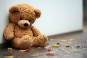 AI generated Emotional solitude Childs teddy bear alone, looking sad and disappointed photo