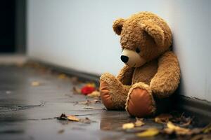 AI generated Sad reflection Childs concept of sorrow, teddy bear by house wall photo