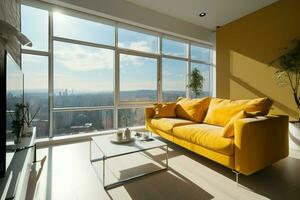ai generado panorámico ventana, amarillo sofá, blanco café mesa en moderno Departamento foto