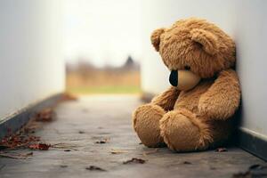 ai generado emocional soledad niños osito de peluche oso solo, mirando triste y decepcionado foto