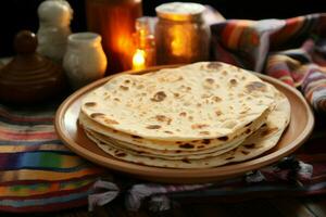 AI generated Wholesome scene a table adorned with homemade roti chapati photo