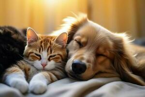 AI generated Cat and dog peacefully coexist, sharing a moment of tranquility in slumber photo