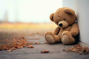 AI generated Emotional solitude Childs teddy bear alone, looking sad and disappointed photo