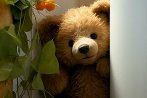 ai generado tímido sorpresa linda marrón osito de peluche oso se cuela detrás puerta, celebrando foto