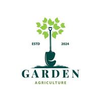 Garden logo inspirational design for simple vintage style plantation equipment for a nature concept company brand vector