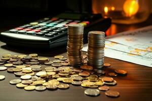 AI generated Planning finances Desk with coin pile, calculator, budget graphs photo