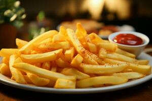 ai generado francés papas fritas encanto un cerca arriba Disparo exhibiendo mesa perfección foto