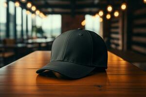 AI generated Casual elegance portrayed as a black baseball cap sits neatly on the table photo