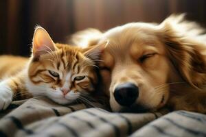 AI generated Sleeping cat and dog display the epitome of domestic tranquility and companionship photo