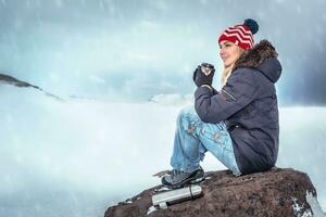 Traveler woman enjoying winter holidays photo