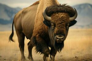 ai generado icónico búfalo de el EE.UU, el americano bisonte reina como un magnífico, formidable criatura foto