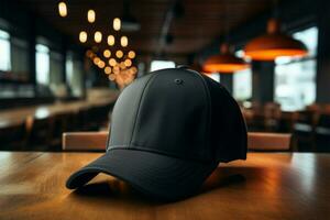 AI generated Timeless style a black baseball cap lies casually on the tables surface photo