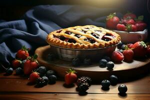 AI generated Berry pies irresistible allure displayed on the dining table photo