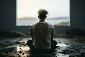 AI generated Isolated contemplation Guy sitting alone, embracing the echo of solitude photo
