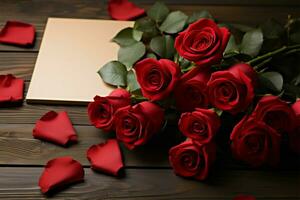 AI generated Valentines allure red roses arranged beautifully with a blank card photo