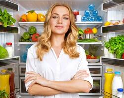 sano mujer cerca abierto refrigerador foto