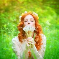Beautiful female blowing on a dandelion flowers photo
