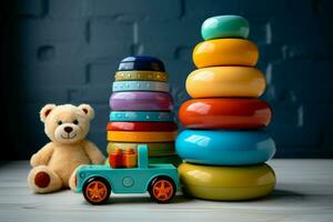 AI generated Playful assortment of baby toys against a soothing neutral background photo