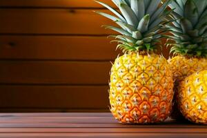 AI generated Tropical sweetness displayed on a wooden table fresh pineapple perfection photo