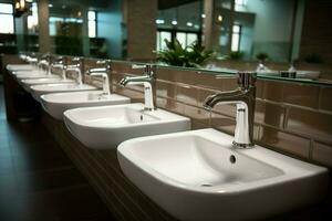 AI generated Row of white ceramic wash sinks and mirrors in modern restroom photo