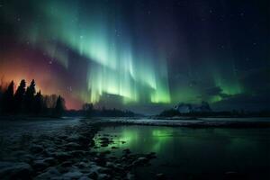 ai generado un asombroso espectáculo el hermosa Aurora luces arriba el noche foto