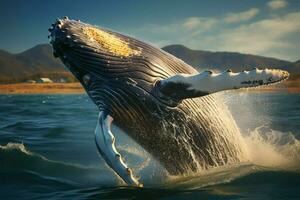 ai generado marina elegancia un ballenas asombroso saltar en contra el expansivo mar foto