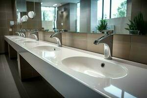 AI generated White ceramic wash sink basins, mirrors in modern public bathroom photo