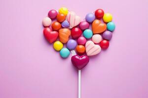 AI generated Sweet harmony rainbow heart candies arranged on a pink background photo