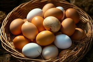 AI generated Wooden nest cradles a bountiful harvest of organic chicken eggs photo
