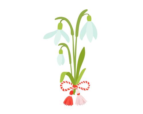 Vector martisor talisman on flower snowdrop, traditional accessory for holiday of early spring in Romania and Moldova. Romanian symbol of spring.