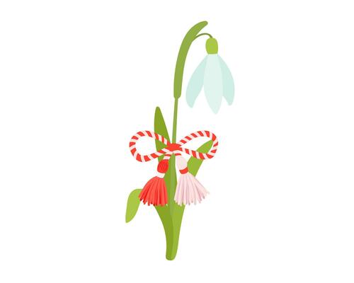 Vector martisor talisman on flower snowdrop, traditional accessory for holiday of early spring in Romania and Moldova. Romanian symbol of spring.
