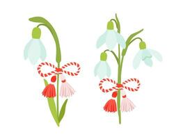 Vector martisor talisman on flower snowdrop, traditional accessory for holiday of early spring in Romania and Moldova. Romanian symbol of spring.