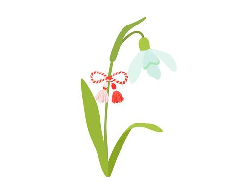 Vector martisor talisman on flower snowdrop, traditional accessory for holiday of early spring in Romania and Moldova. Romanian symbol of spring.