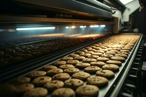 AI generated Cookie factory magic a conveyor line crafts delectable chocolate treats with precision photo