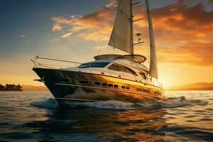 AI generated Elegance afloat a luxury yacht sails against a backdrop of breathtaking sunset photo